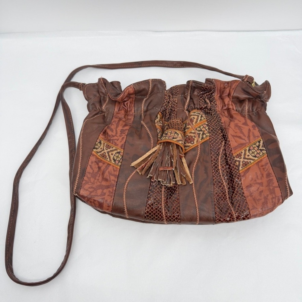 Earthy VTG Crossbody Bag Brown Leather Patchwork Tassel Southwestern Boho